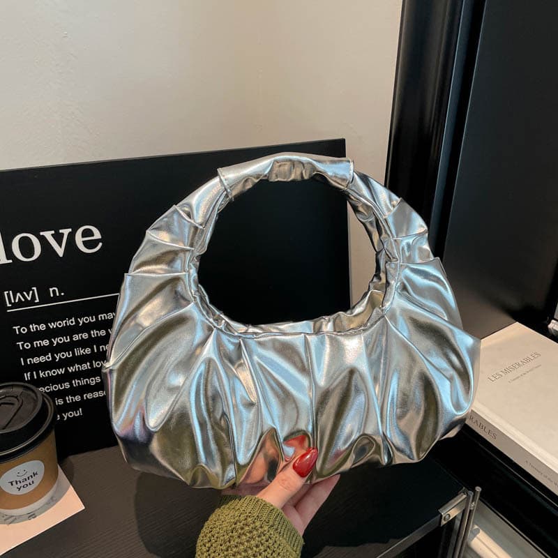 Women's bag new shiny metal PU cloud bag fashionable pleated design handbag European and American style ladies handbag