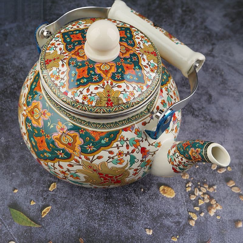 Xinjiang Enamel Kettle for Home Use, Ethnic Style Kettle for Boiling Water, Milk Tea, and Tea, Compatible with Gas and Induction Cooktops