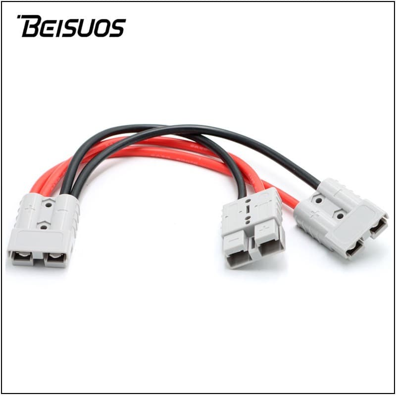 Customized 1-to-2 50A Anderson connector for electric vehicle batteries, power storage plugs, and extension cables.
