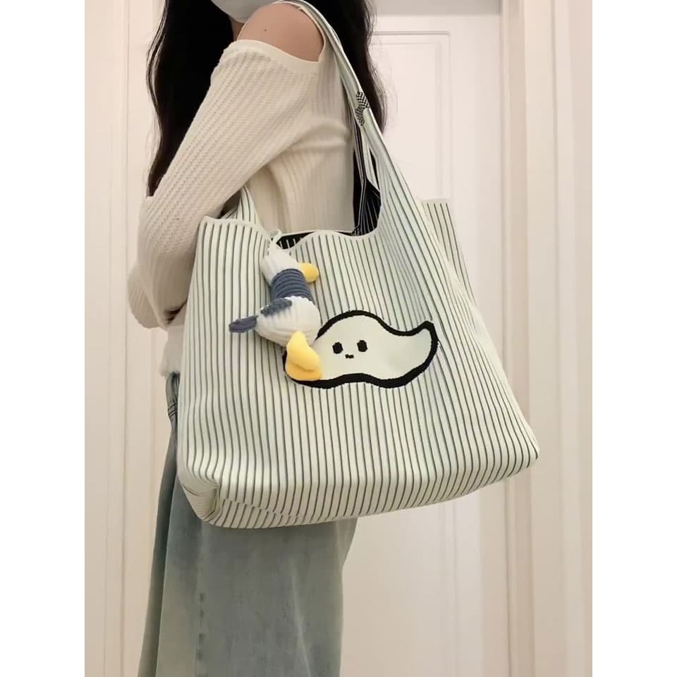 Niche Design Cross-Border Knitted Handbag Striped Canvas Bag Women Knitted Bag Large Capacity Single Shoulder Tote Bag