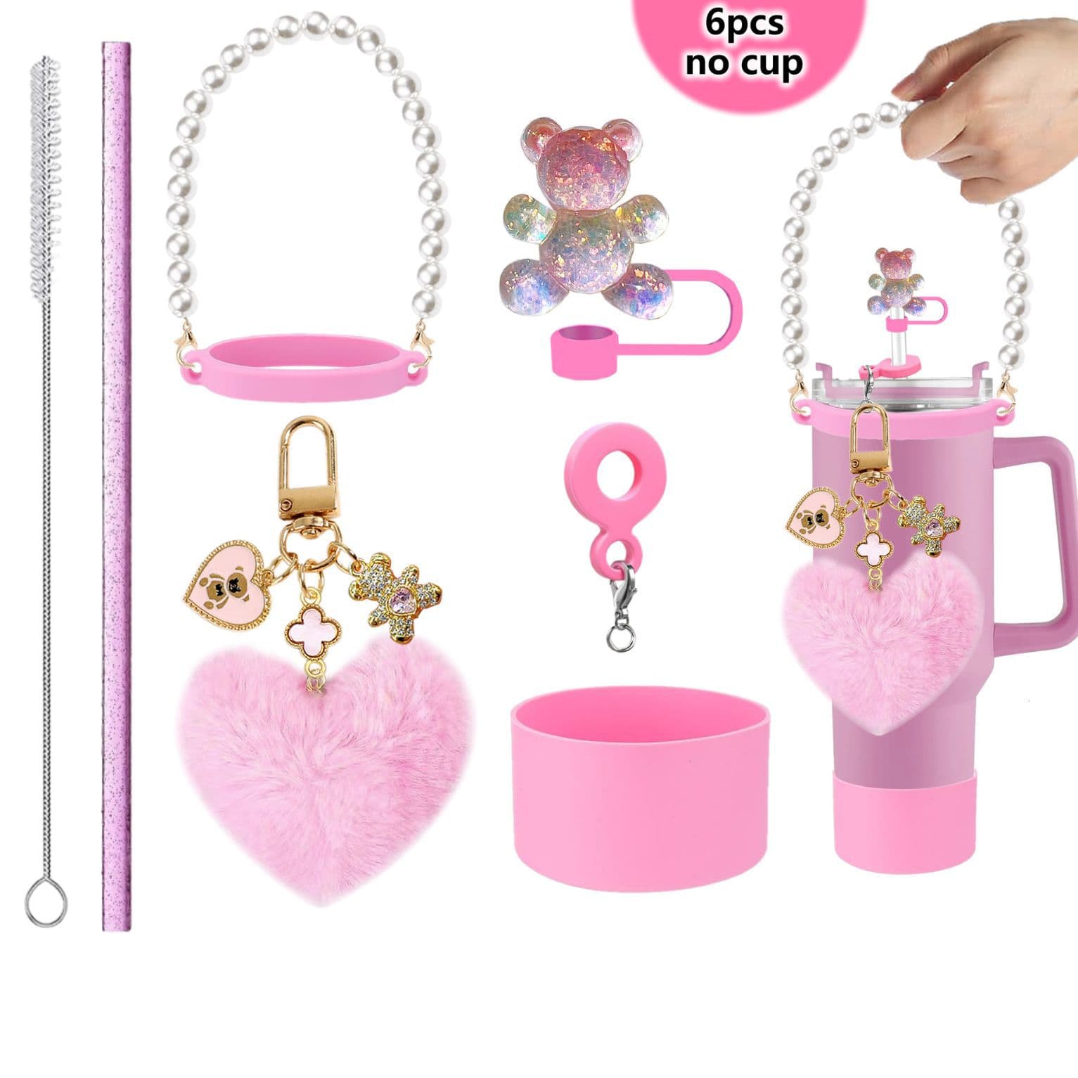 Stanley Cup Accessories Bear Straw Cap Dust Cover Love Heart Pom Pom Keychain Cup Sleeve Pearl Handle