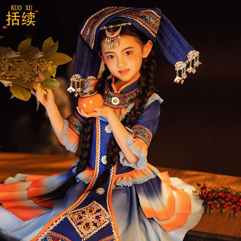 New Children's Zhuang Ethnic Clothing Kindergarten Girls March 3 Guangxi Traditional Embroidery Ethnic Minority Dance Performance