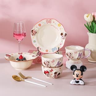 Disney Dimeng Mickey Patch Embossed Ceramic Tableware, Cute Pink-Purple Rice Bowls and Noodle Bowls for Girls