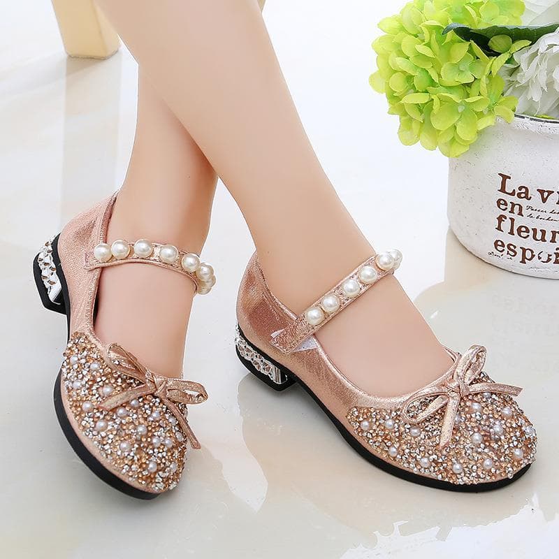 Girls' Princess Shoes, Little Girl Crystal Leather Shoes, Summer Children's Single Shoes, High Heels for Medium and Big Kids, Baby Soft Sole Children's Shoes