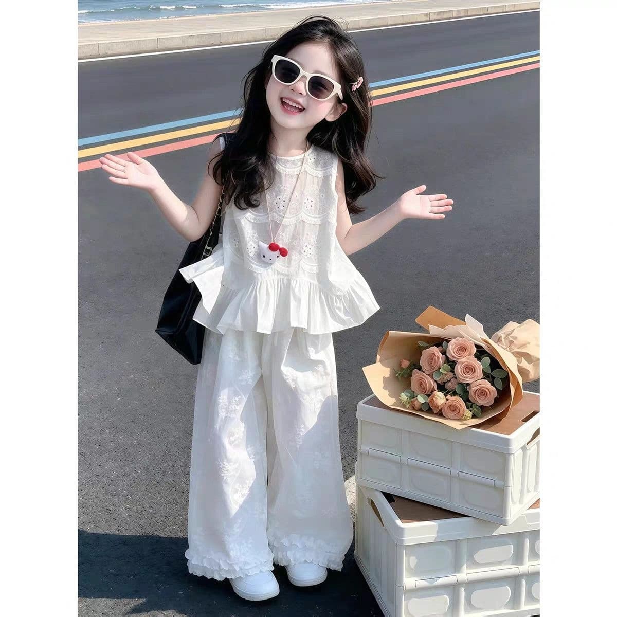 Girls Summer Korean Style Sleeveless Suit Children's Lace Two-piece Set Baby Style Wide Leg Pants Breathable Thin Style