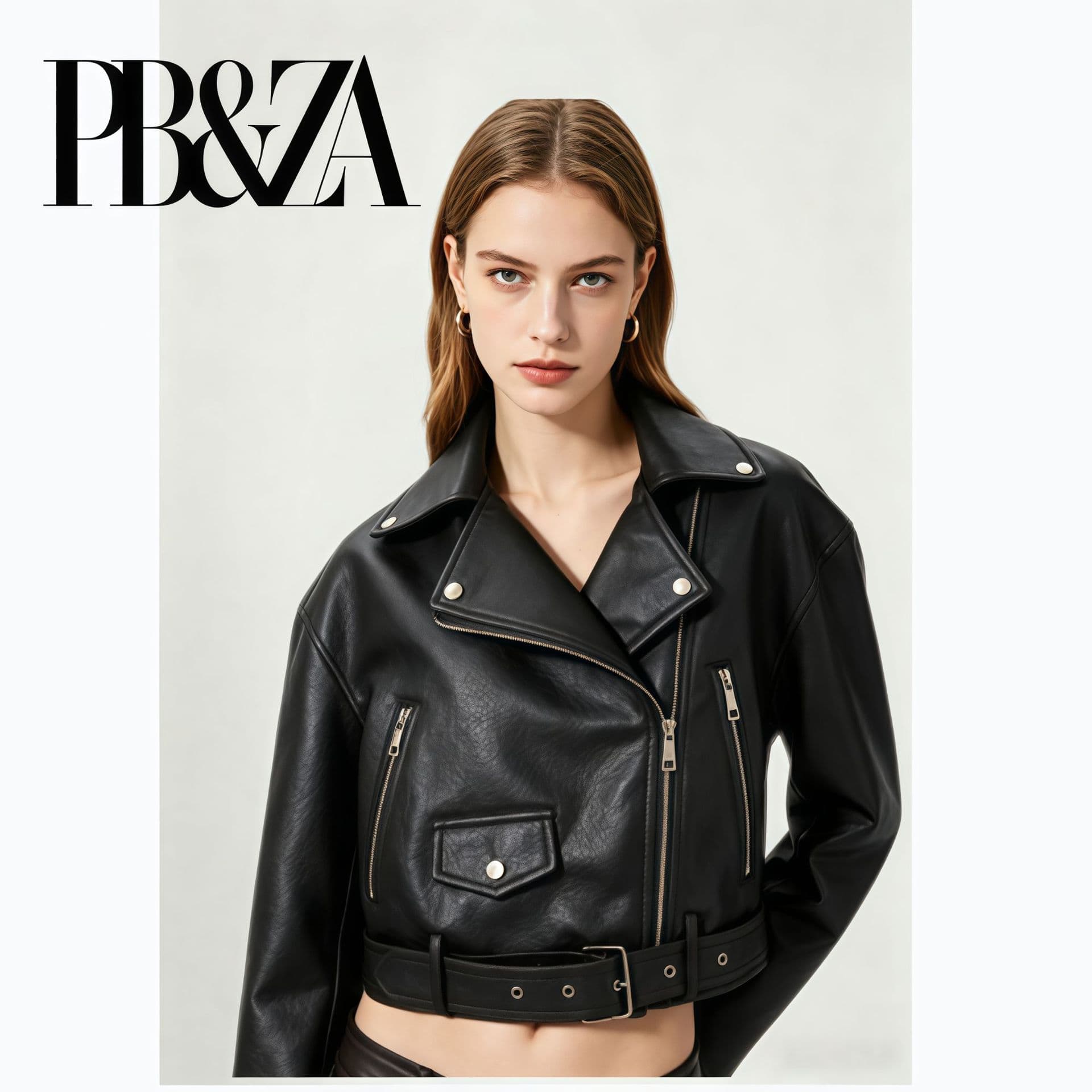 PB&ZA Women's Short Motorcycle Leather Jacket Vintage Turn-down Collar Asymmetric Zipper Design PU Leather Jacket with Belt
