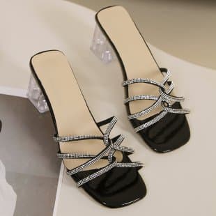 2024 New Summer Fashion Rhinestone French Style Elegant Fairy Chunky Heel One-Strap Slippers for Women