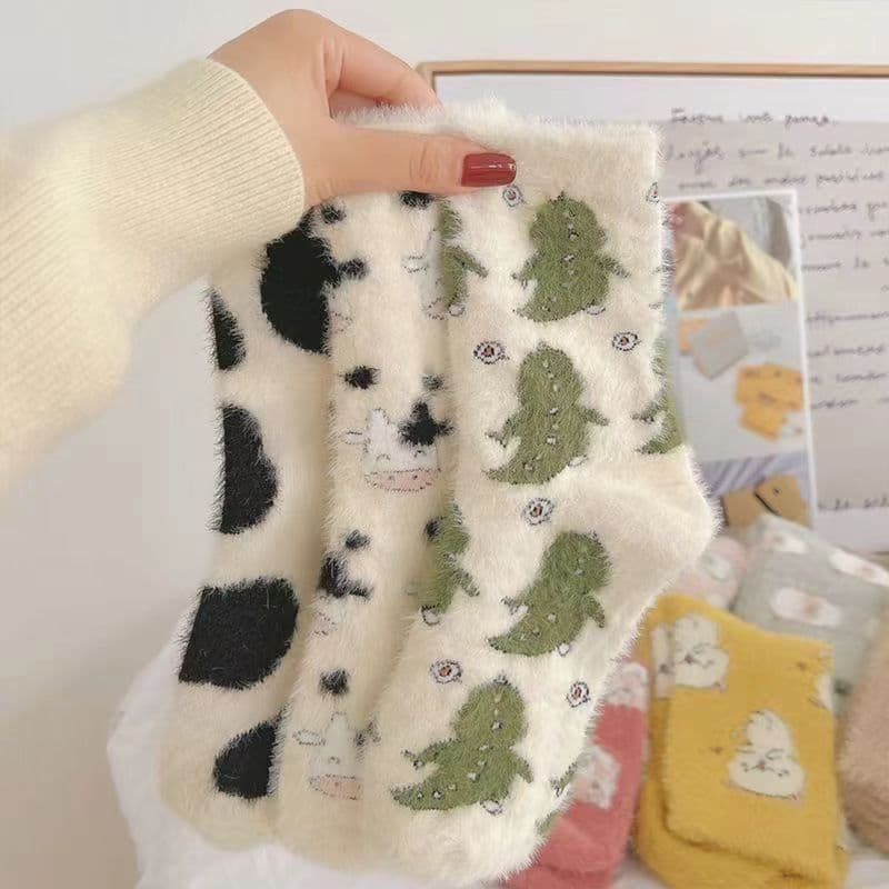Mink Velvet Women's Socks Autumn Winter Mid-Calf Cartoon Plush Warm Floor Socks Thick Lined Winter Socks