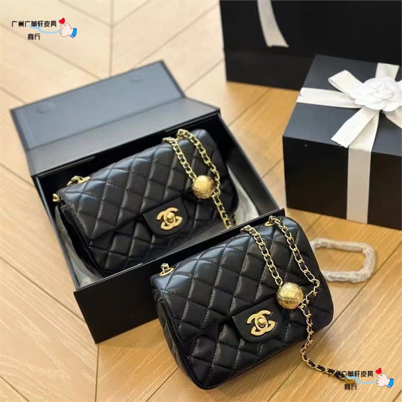 New Style Genuine Leather CF Small Gold Bead Square Women's Bag with Logo, Mini Quilted Chanel-Style Shoulder Crossbody Bag for Women