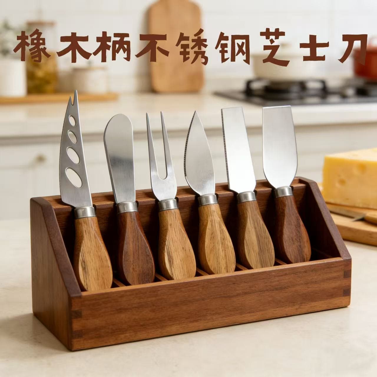 Oak Handle Stainless Steel Cheese Knife Set with Customizable Logo, Pipa Handle, Pizza Cheese Butter Western Knife Set