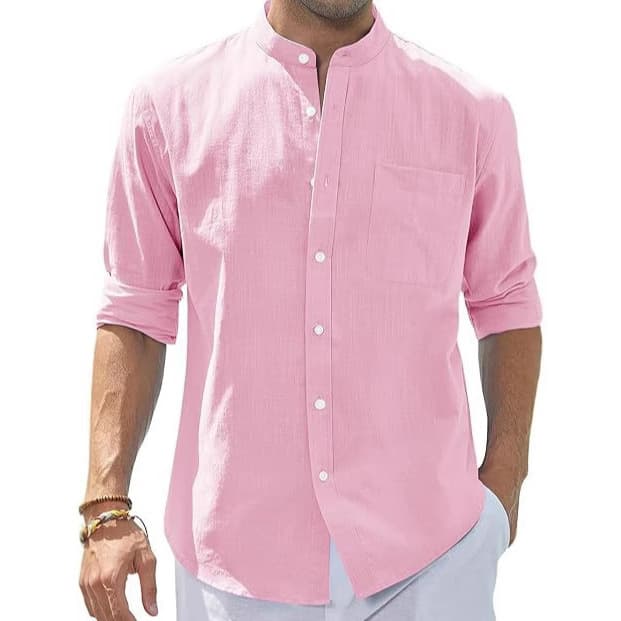 2024 New Men's Stand Collar Shirt Spring Autumn Long Sleeve Solid Color Pure Cotton Shirt Slim Fit Cotton Linen Shirt