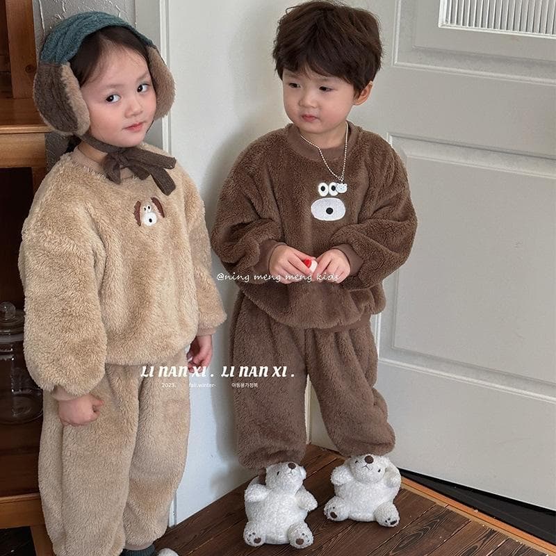 Korean Winter Kids Soft Double-Sided Flannel Homewear Boys Girls Bear Plush Pajama Set Baby Flannel Suit