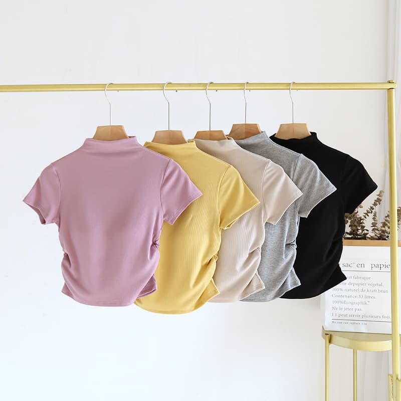 Women's short-sleeve T-shirt with built-in bra pads, mock neck, cropped, slim fit, spring/summer new arrival, regular shoulder.