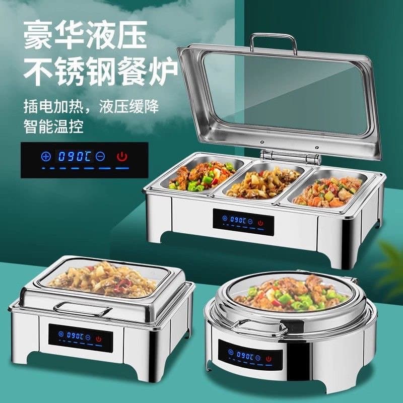 Stainless Steel Hydraulic Self-Service Chafing Dish with Flip Lid, Insulated Buffet Warmer, Electric Heating, Hotel Breakfast Chafing Dish