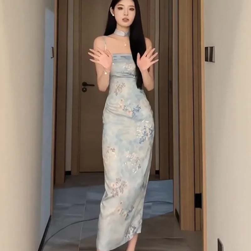 Plus Size New Chinese Style Strap Cheongsam Dress for Women Summer 2026 Elegant Printed Bodycon Long Dress