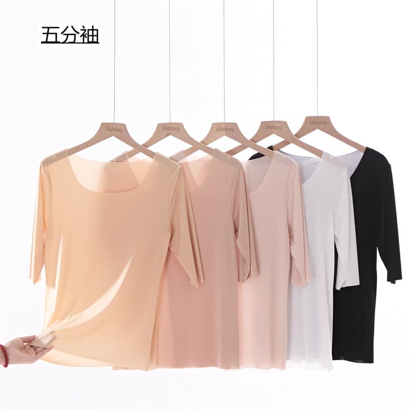 Five-sleeve seamless ice silk skin-friendly base layer underwear, ultra-thin and see-through inner short-sleeved T-shirt for spring and autumn