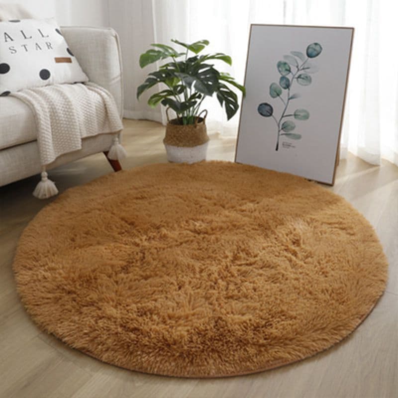 Tie-dye Silk Hair Round Carpet Thickened Beige White Long Hair Bedroom Bedside Carpet Plain Color Rug