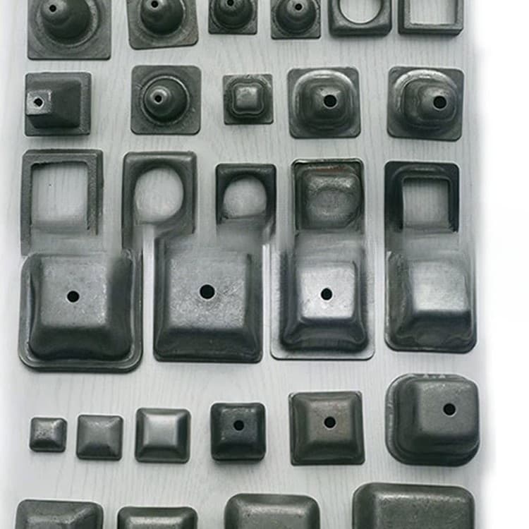 Stacking foot cups, square tube end caps, top covers, base plates, cast iron base feet, stacking feet, turnover box foot cups, shelf material box foot sockets.