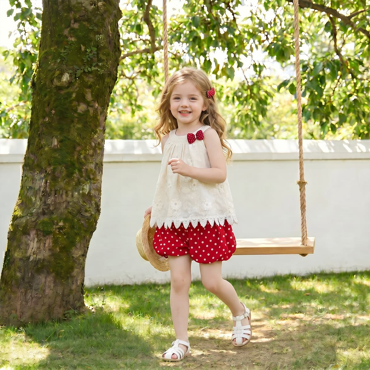 Girls Korean style suit summer new baby girl embroidered top polka dot flower bud shorts two-piece set