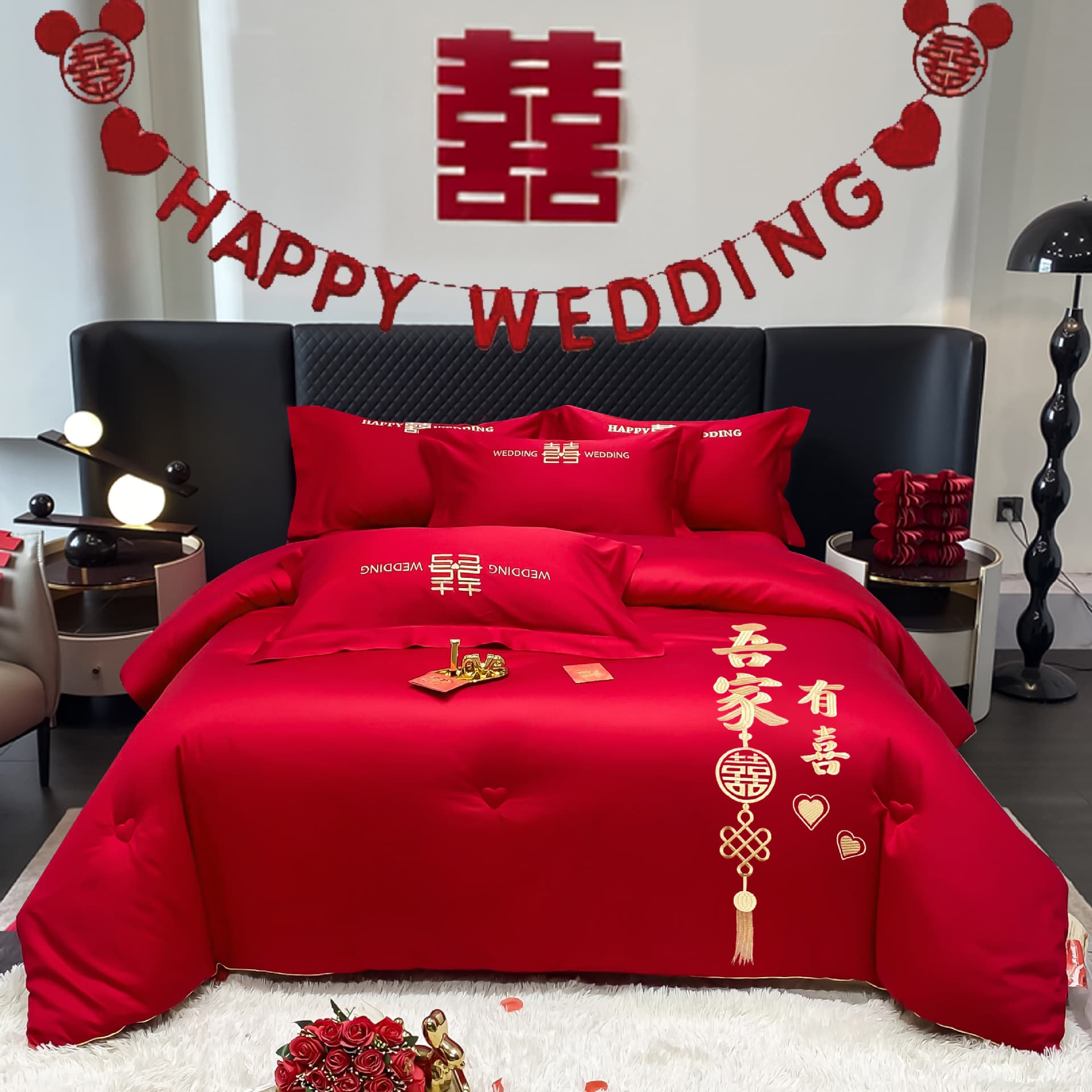 Wedding embroidered whole-piece soybean cotton festive quilt red core winter marriage dowry thick manufacturer wholesale