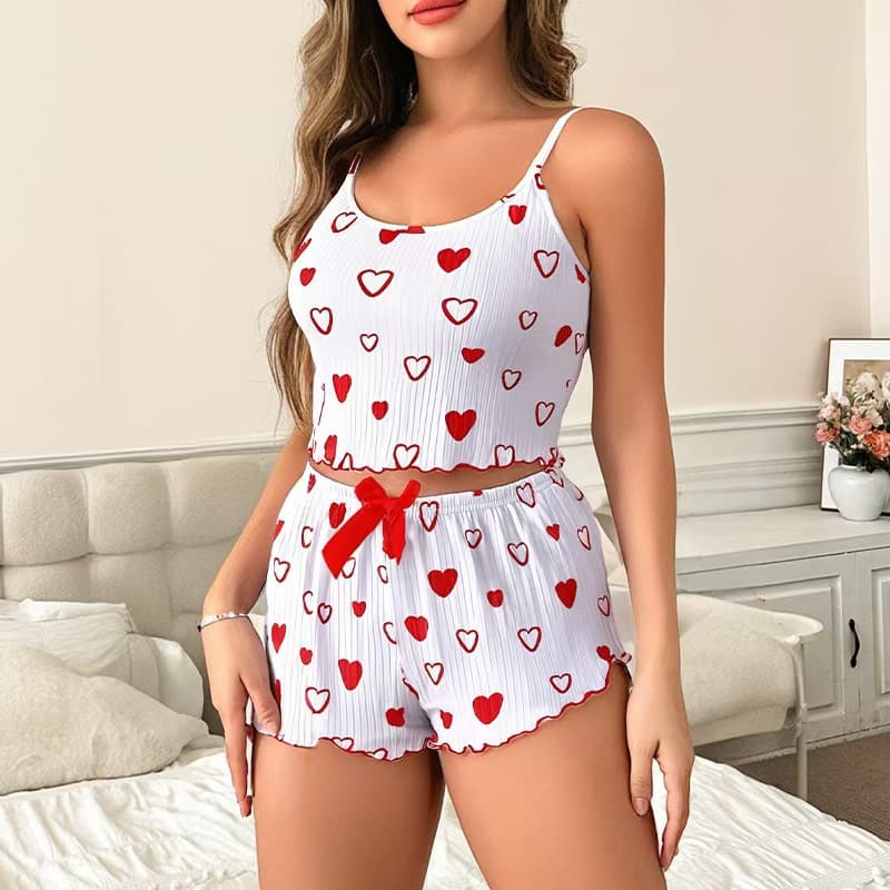 Cross-border Thin Sleeveless Vest Camisole Top Shorts Cute Home Wear Two-piece Suit Women's Love Print Pajamas