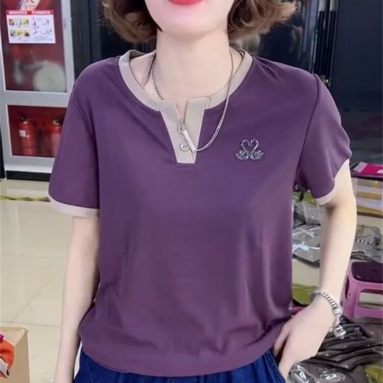 Short Sleeve T-Shirt Women Fashion V-Neck Top Summer New Trendy Age-Reducing Mother's Loose Slimming Plus Size Tee