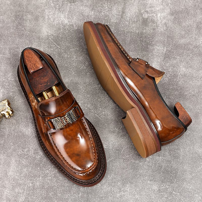 Full Grain Leather Men's Business Casual Loafers British Style Cowhide Sole Patent Leather Slip-On Dress Shoes