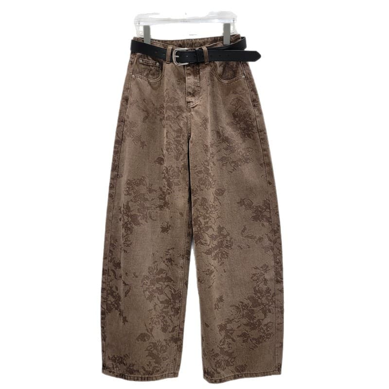 Rad Style Coffee Floral Wide-Leg Jeans for Women High-Waist Draped Casual Straight-Leg Floor-Length Pants