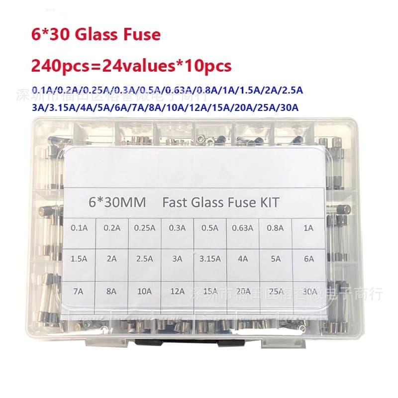 240 pieces (10 of each of 24 different sizes) of 6x30 glass fuse box, glass fuses ranging from 0.1A to 30A.
