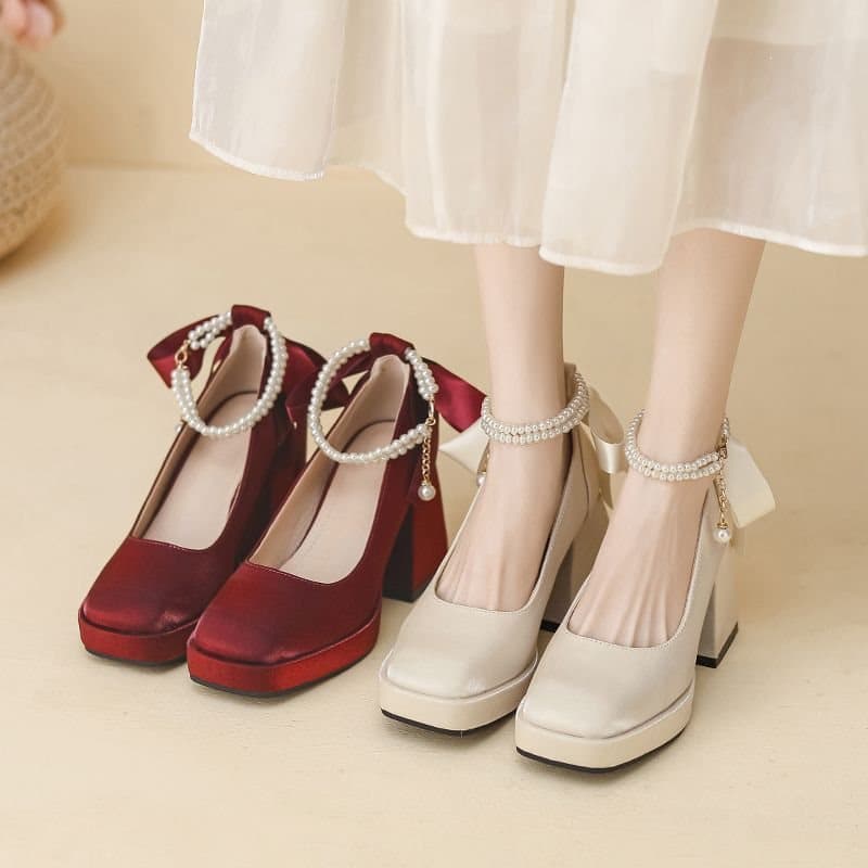 Elegant Waterproof Platform High Heels Chunky Heel Red Satin Mary Jane Wedding Shoes 2024 New One-Strap Pearl Flats