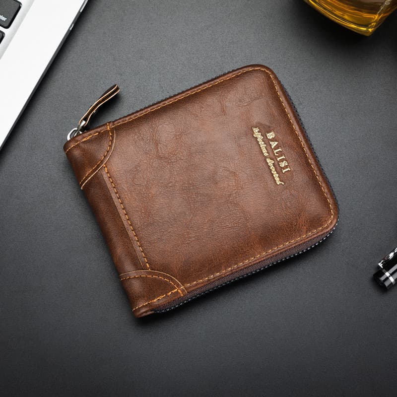 Men's Driver's License Wallet Leather Case Retro Simple Casual Short Wallet Multifunctional Zipper Card Holder