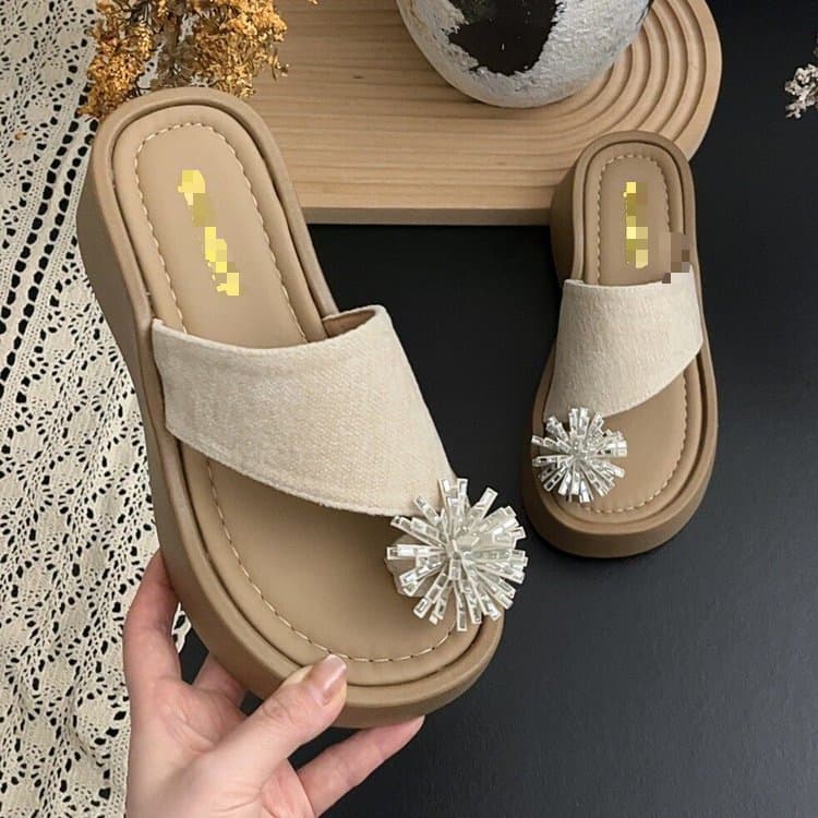 Thick Sole Toe-Post Sandals for Women Summer 2026 New French Style Rhinestone Fireworks Design to Match Dresses Beach Flip Flops