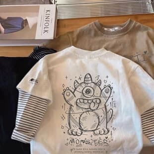 Cotton Boys' Long Sleeve T-Shirt, Kids' Monster Print Base Layer, Autumn Style Toddler Top, Baby Fall Outfit, Faux Layered