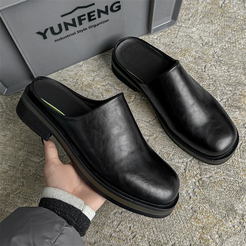 Half-Slip Shoes Men Slip-On Thick-Soled Leather Shoes Glossy Patent Leather Korean Style Trendy Big Head Birkenstock Slippers 74643-T