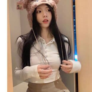 Wubixie Long Sleeve T-Shirt for Women Autumn, Pure Style Half Open Collar, Solid Color Base Layer, Slim Fit, Sexy Crop Top