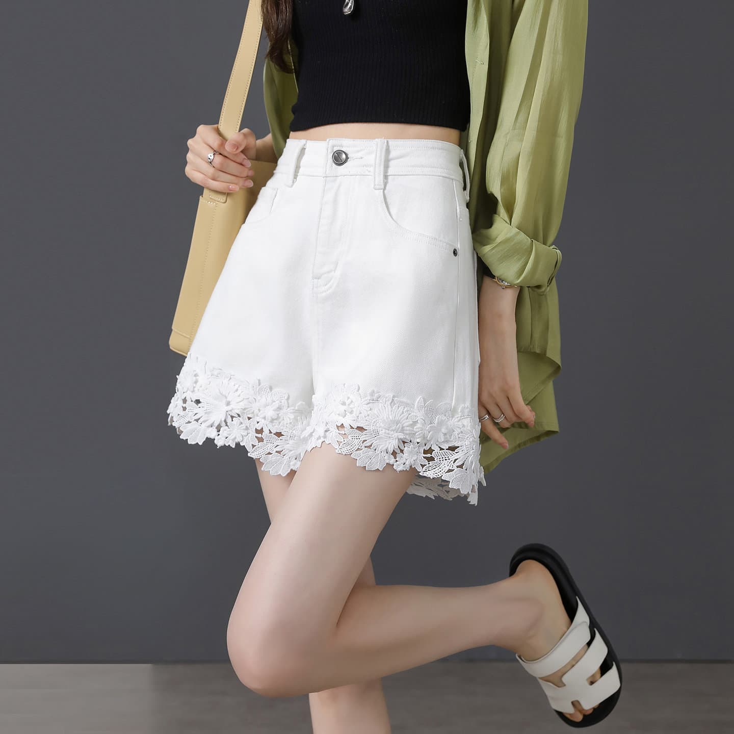 2026 Summer High-Waist White Denim Shorts for Women with Lace Hollow Design, Trendy Loose Fit