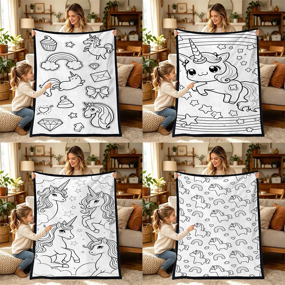 Cute Unicorn Cartoon Doodle Fleece Blanket for Kids Girls Black and White Line Art Hand Drawn Blanket Comfortable Warm Nap Blanket