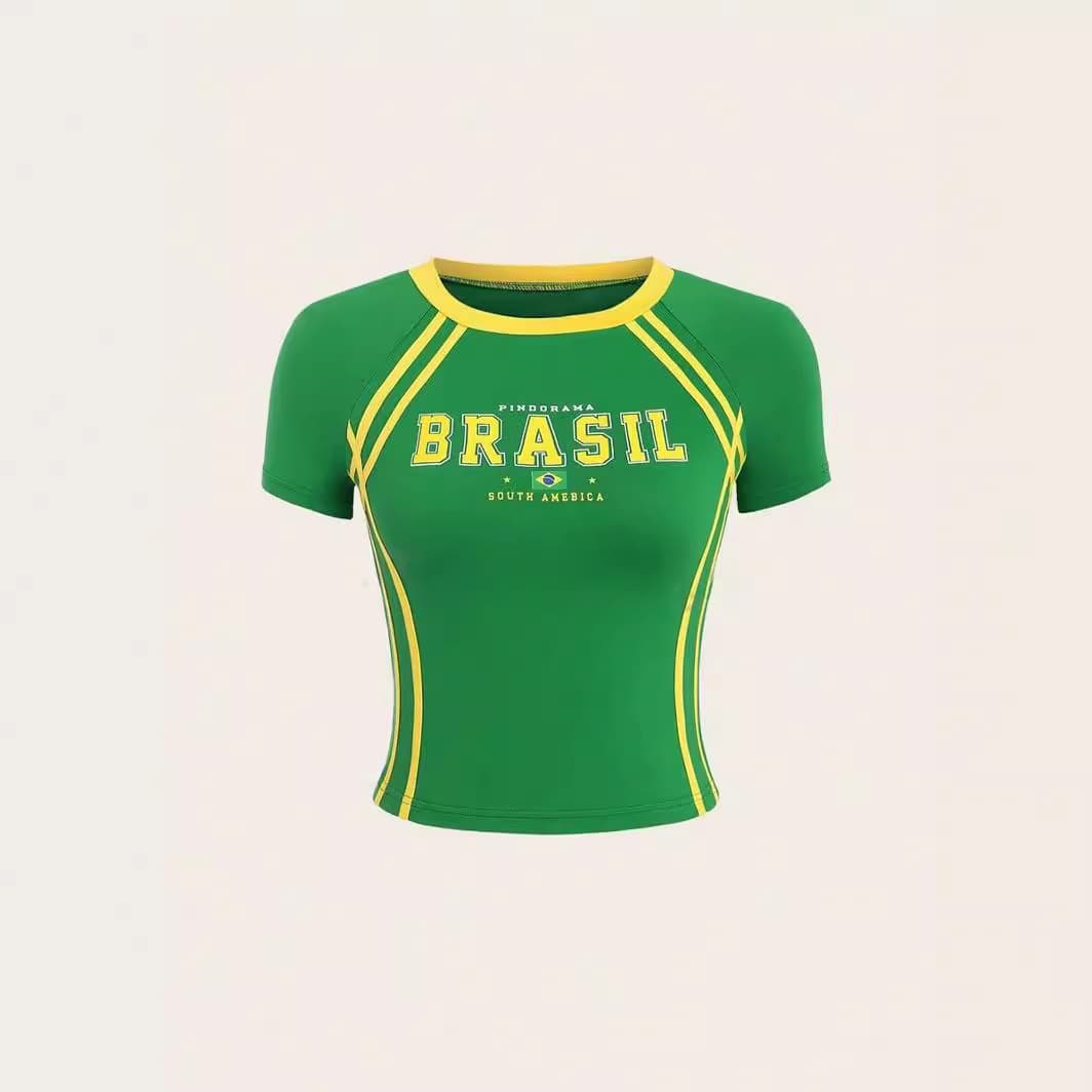 European and American Retro Aesthetic Green Summer T-Shirt with Embroidered Letters and Brazilian Pattern, Short Sleeve Crop Top for Women