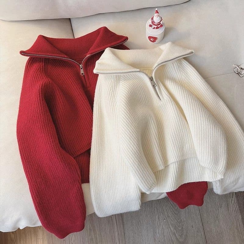 Thick Knit Autumn Winter New Trendy Zip-Up Loose Slimming Notched Collar Casual Sweater Top for Women