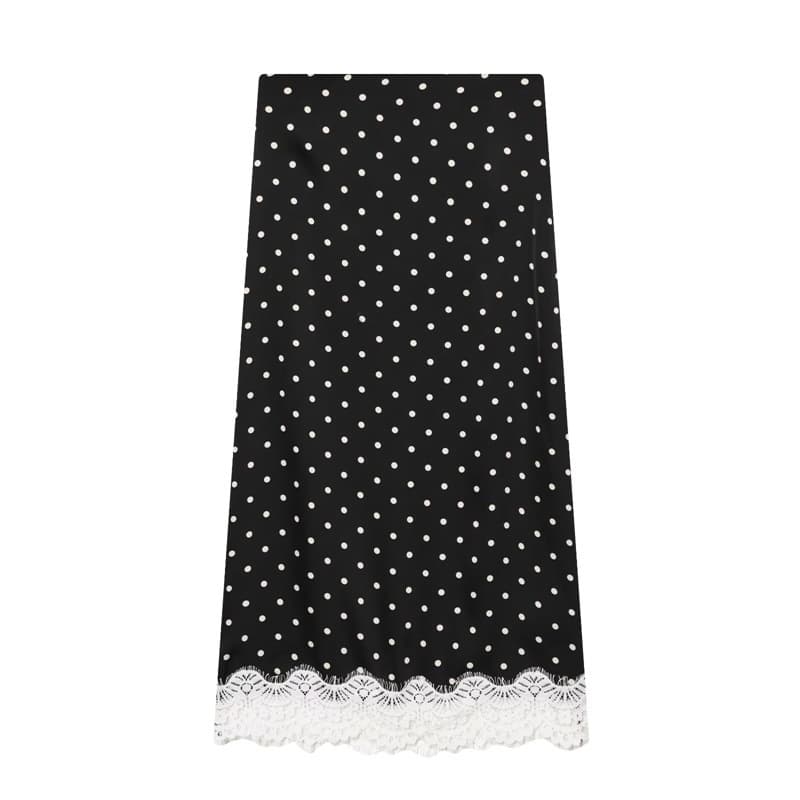 Korean age-reducing lace splicing polka dot print skirt spring new fashion high-waist slim temperament long skirt for women