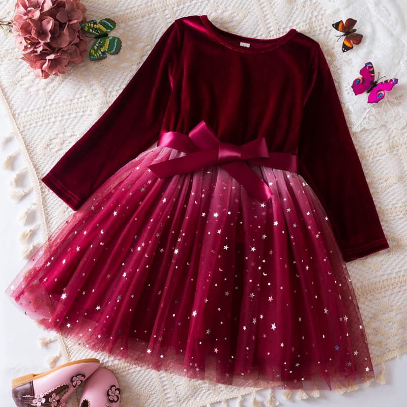 2025 New Foreign Trade Children's Clothing, New Arrival Girls Autumn/Winter Velvet Star Mesh Christmas Princess Dress