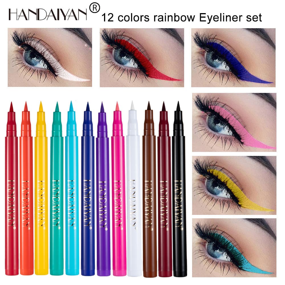 Liquid eyeliner pen cross-border makeup rainbow color HANDAIYANDIY 12-color waterproof eyeliner not easy to smudge eyeliner