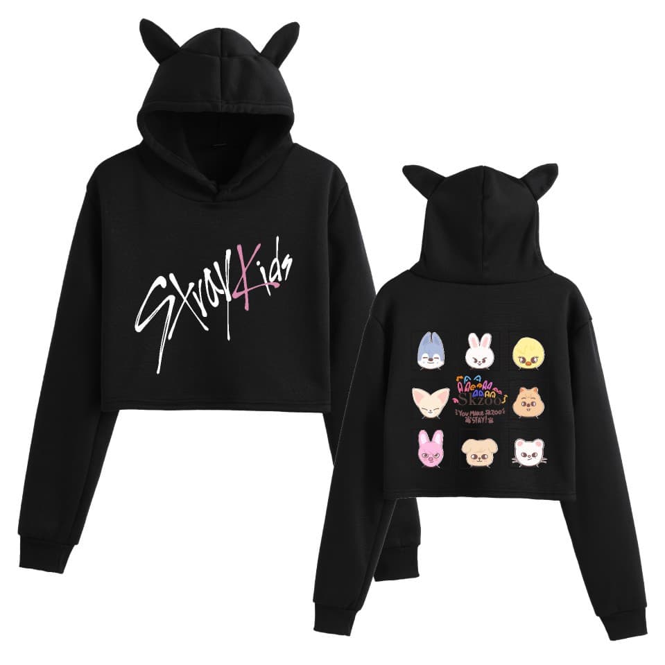 New Cross-Border Stray Kids Merchandise Sexy Crop Top Cat Ear Women's Fashion Hoodie Spring/Autumn