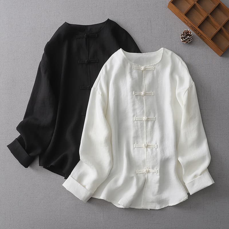 Improved New Chinese-style Round Neck Long-sleeve Shirt with Button Knots, Loose Fit Top, Simple National Style Commuter Spring Autumn Women's Clothing Old Money Style