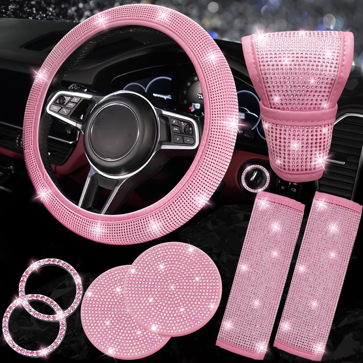 Amazon Cross-Border 8-Piece Car Decoration Steering Wheel Set with Rhinestone Seat Belt Shoulder Pad, Cup Coaster, Gear Shift Cover