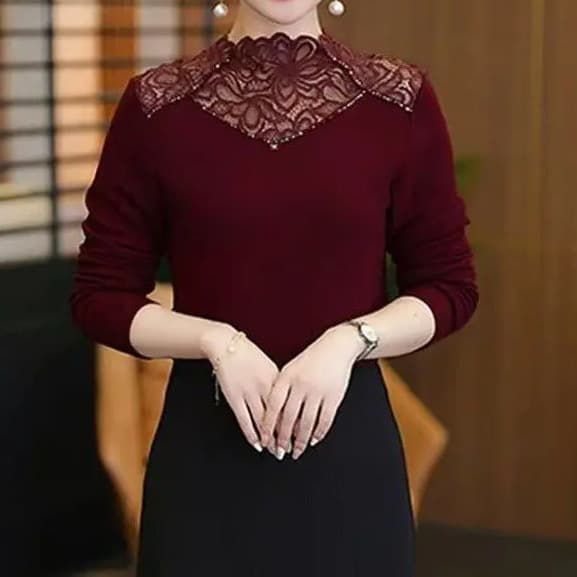Drop Shipping Long Sleeve Half Turtleneck Regular Fit French Base Layer Lace Lined Fashion Autumn Winter Gold Thread
