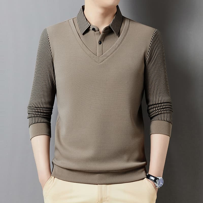 Autumn/Winter Faux Two-Piece Fleece-Lined Thick High-End Men's Polo Shirt, Middle-Aged and Elderly Warm Sweater, Men's Collared Shirt