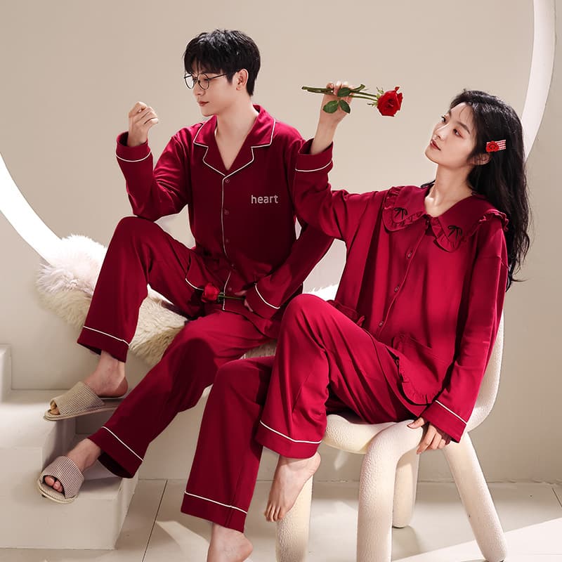 Men's Pajama Set for Wedding Newlywed Couples, Pure Cotton Red, Long Sleeve Homewear for Spring/Autumn/Winter