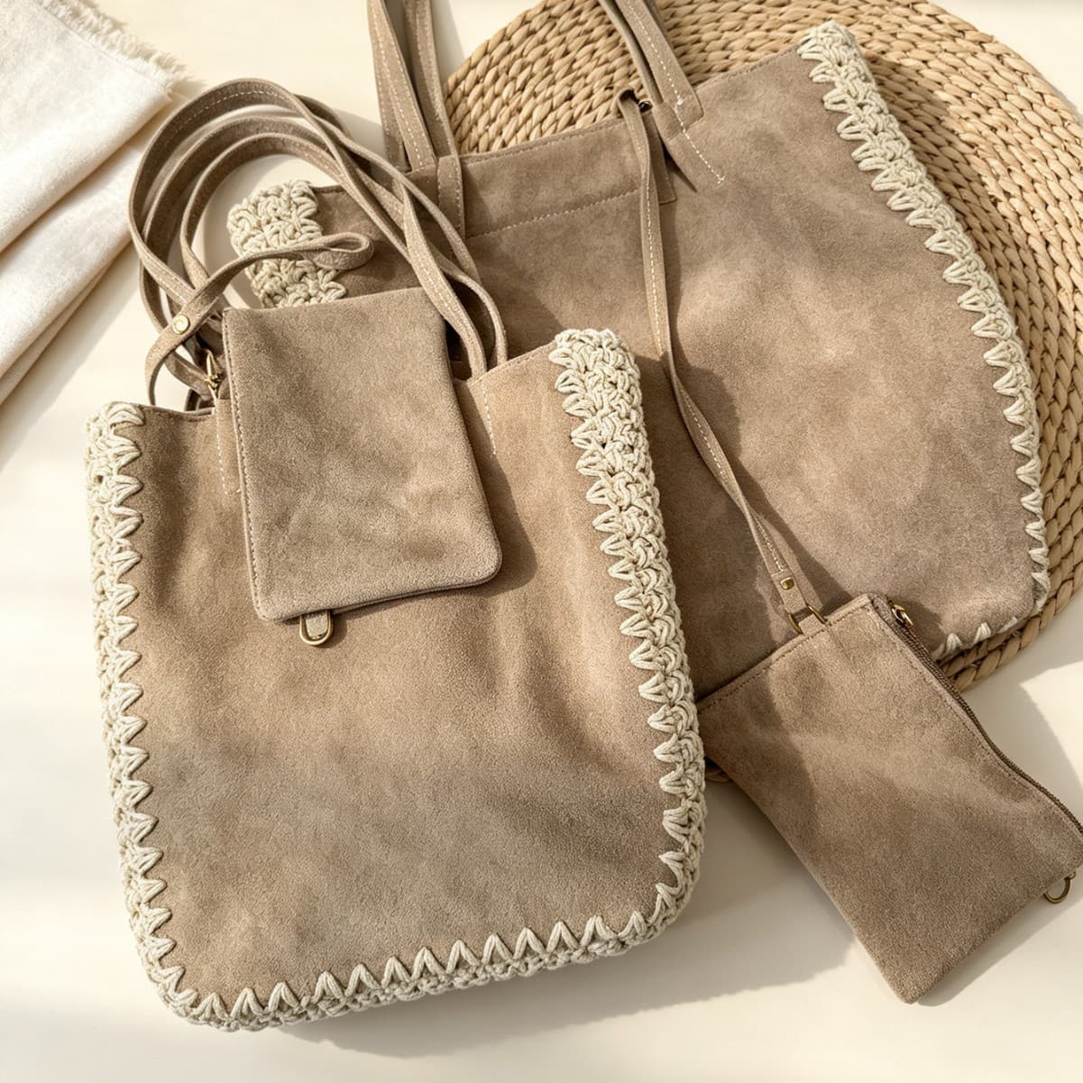 26 Retro Suede-Like Handwoven Tote Bag with Detachable Pouch, Autumn Style, Minimalist, Large Capacity Shopping Bag, Underarm Bag