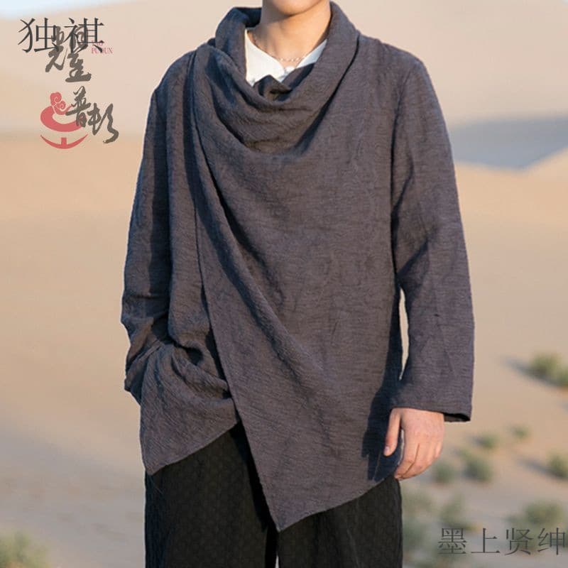 Spring and Autumn Buddhist Style Men's Clothing Ancient Costume Layman's Robe Mid-length Cotton Linen Hanfu Trench Coat Chinese Style Taoist Robe Chinese Style Men's Cape